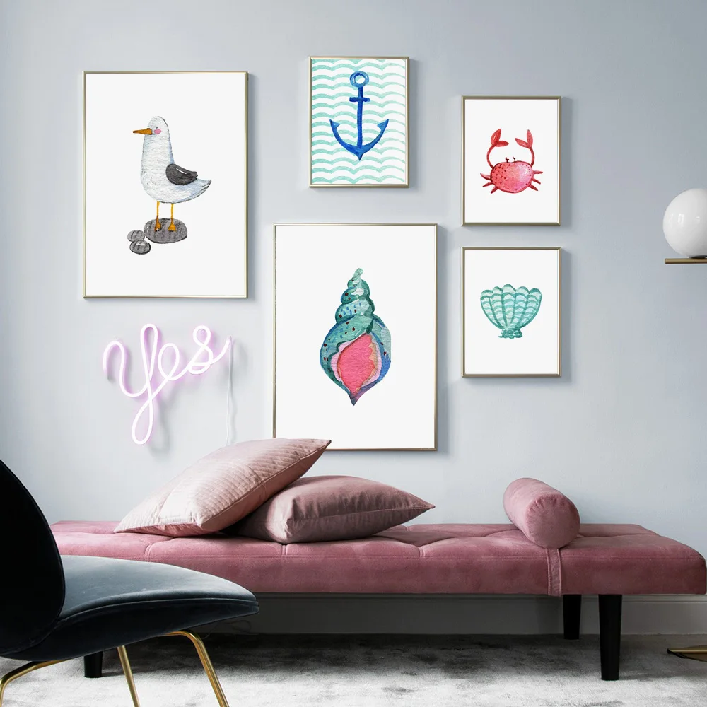 Watercolor Crab Shell Conch Seagull Wall Art Canvas Painting Nordic Posters and Prints Nursery Picture Baby Kids Room Decor | Дом и сад