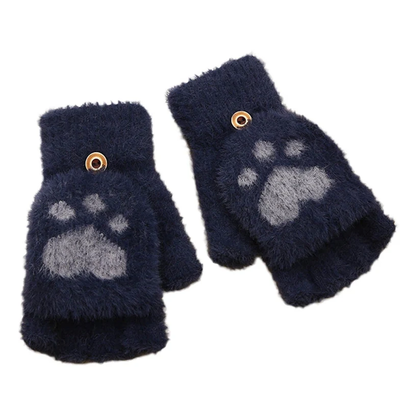 Женские зимние теплые перчатки с сенсорным экраном, милые сенсорные перчатки без пальцев с когтями кошки, вязаные пушистые перчатки с откидной крышкой для улицы, 1 пара - Цвет: NV