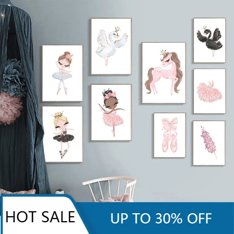 Nordic Ballet Princess Nursery Wall Art Canvas Painting Poster Unicorn Swan Wall Decor Pictures For Children Kids Room Decor