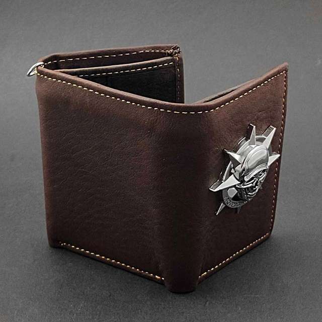 Big Skull Trifold Card Holder Leather Wallet Men’s Biker Chain Wallet Brown