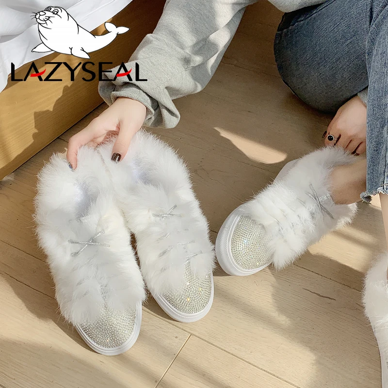 LazySeal-зимняя обувь с украшением в виде кристаллов женские лоферы на плоской подошве с натуральным мехом женские туфли без задника на шнуровке с круглым носком