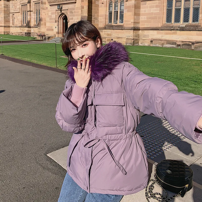 

Photo Shoot 2019 New Style down Jacket Women's Short Short-height Drawstring Waist Hugging Short Fur Collar Students Cotton Coat