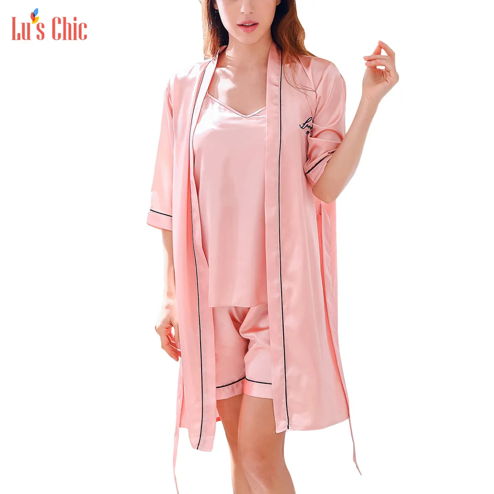 Lu's Chic Satin 3 Pieces Kimono Cami Pajamas Set Robe Lingerie Top and