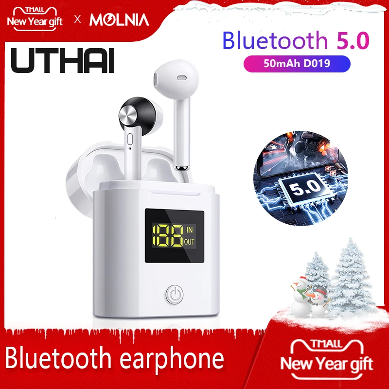 Беспроводная bluetooth-гарнитура UTHAI D17, 5,0 TWS, дисплей батареи, bluetooth-гарнитура, HD гарнитура для звонков, радио, в ухо, шумоподавление