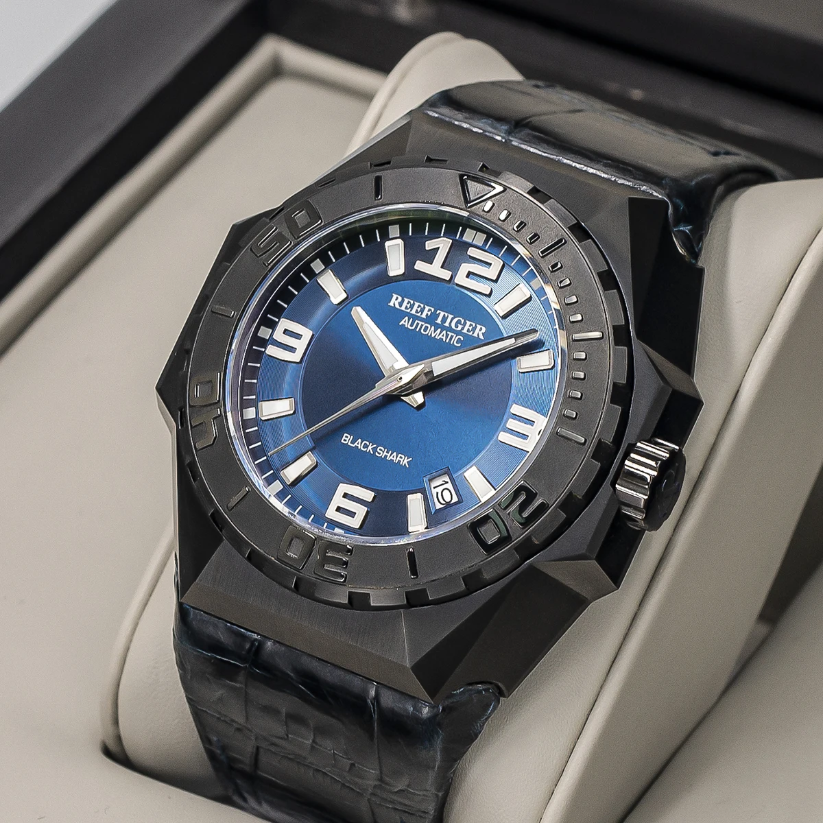 

Reef Tiger/RT Men Sports Watches All Black Automatic Mechanical Watch Military Watches Leather Strap Relogio Masculino RGA6903