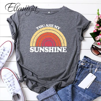 

Elimiiya Summer Tshirt YOU ARE MY SUNSHINE Print 100% Cotton Material Short Sleeve O-Neck Pullover T Shirt Tops Tees Plus Women