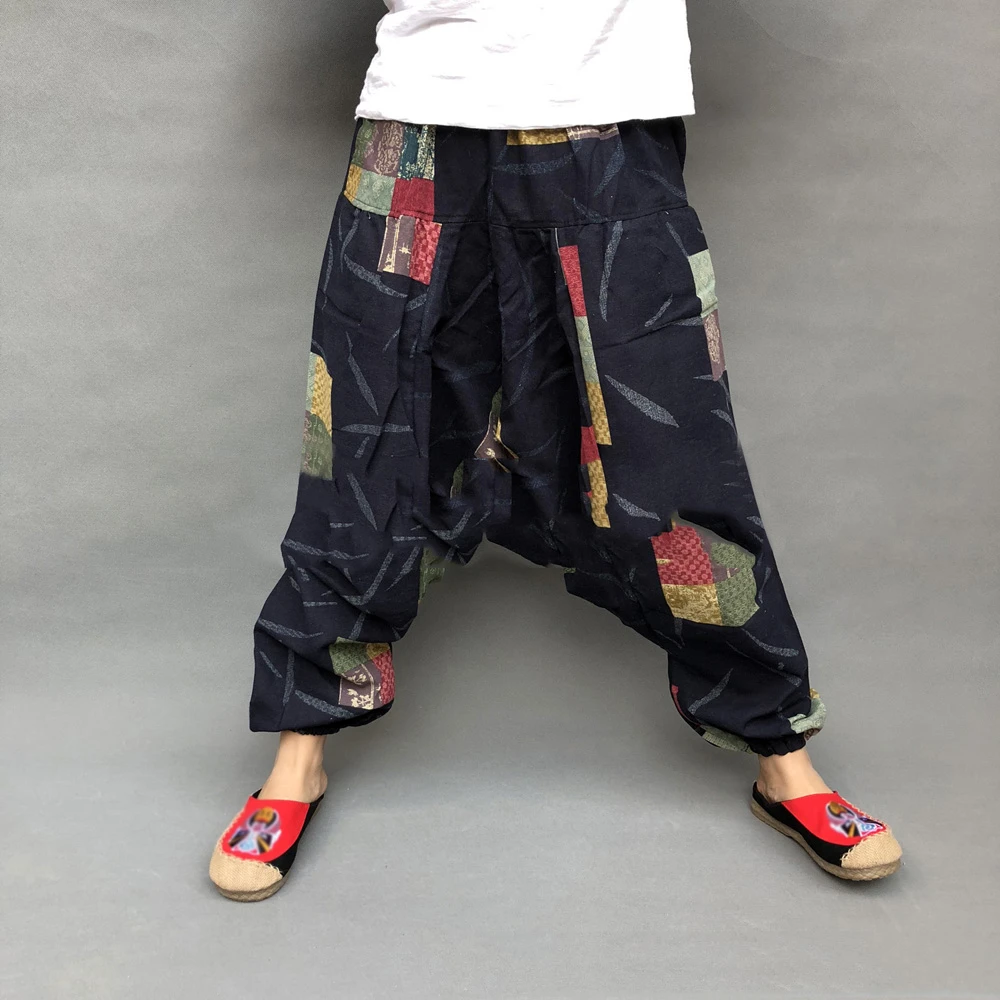 blue harem pants Men Summer Japan Fashion Retro Print Casual Harem Pants Ethnic Style Large Crotch Loose Pants Male Cotton Linen Trouser Pants mens harem joggers