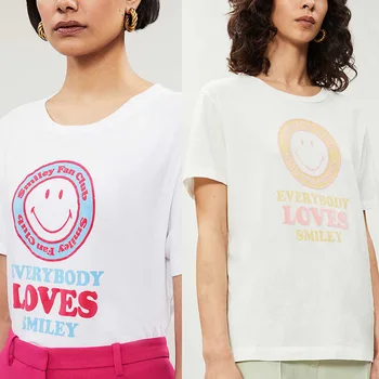 

2020 Spring Summer Women Round Smile Letter Print Short Sleeve T-shirt Three Dimensional English Top White Smile Fan Club