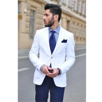 

New Men’s Suit Smolking Noivo Terno Slim Fit Easculino Evening Suits For Men White jacket With Navy Blue Pants Grooms Tuxedos me