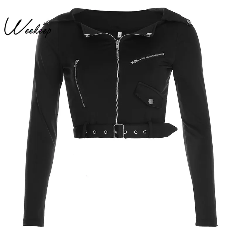 

Weekeep Streetwear Cropped Turn Down Collar Jacket Women Pockets Patchwork Zipper Slim Casaco Feminino