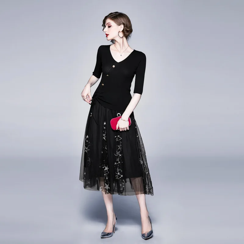 

Europe And America 2020 Spring WOMEN'S Dress Slim Fit Tops Embroidered Gauze Sweater + Skirt Set Dress