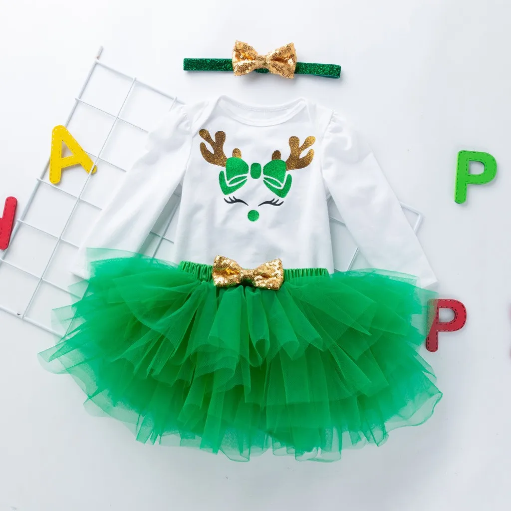 Christmas Infant Baby Girl Clothes Set Deer Print Bodysuit Skirt Headband 3pcs Outfits Happy New Year Newborn Clothing For Baby