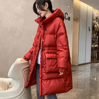 

Fitaylor 2020 Winter Women 90% White Duck Down Jacket Loose Hooded Midi Long Parka New Red Horn Button Stand Collar Outwear