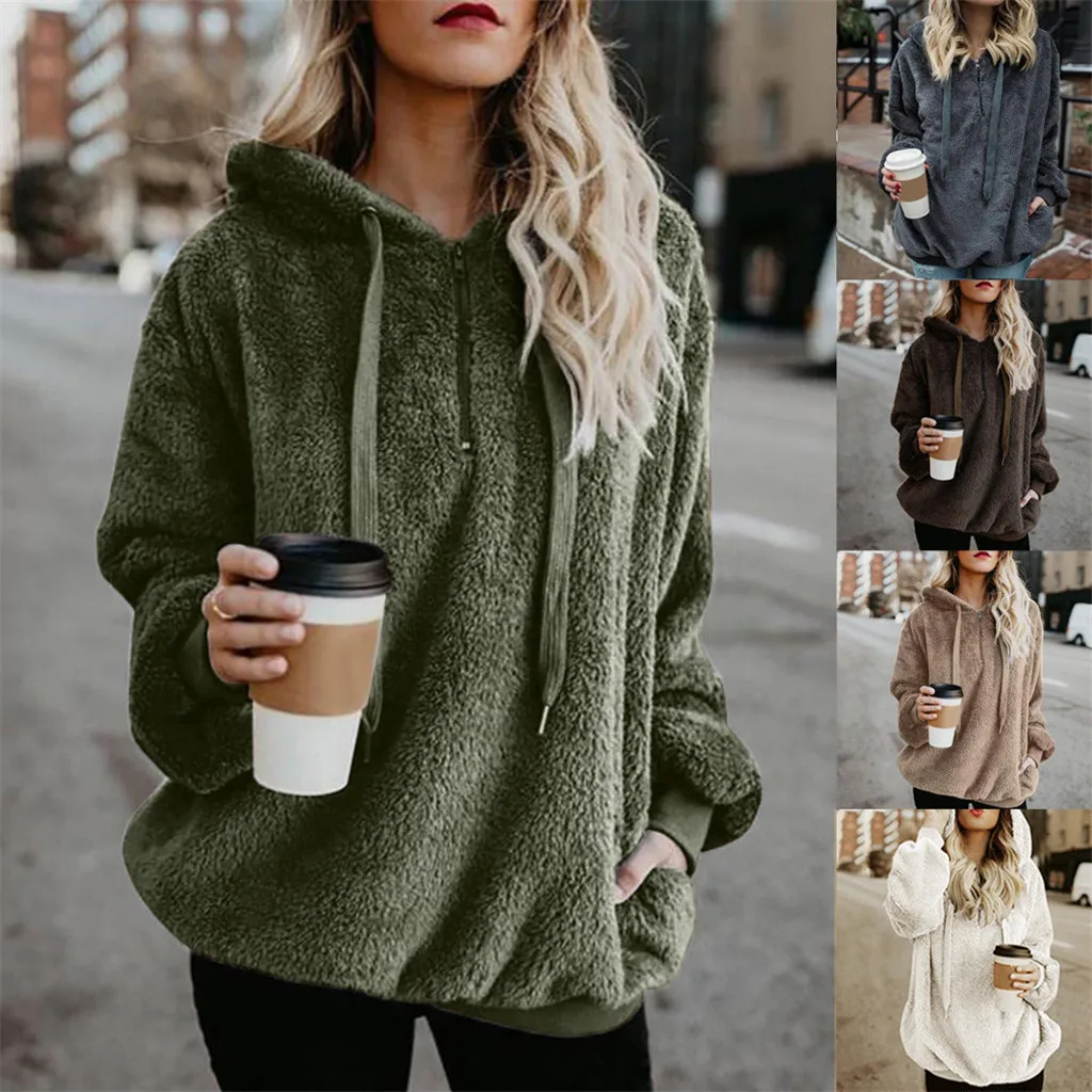 Plus Size Fashion Plush Warm Sweater Casual Winter Zipper Cotton Hooded Pullover Tops Female Women Long Sleeve Blusas Jumper | Женская