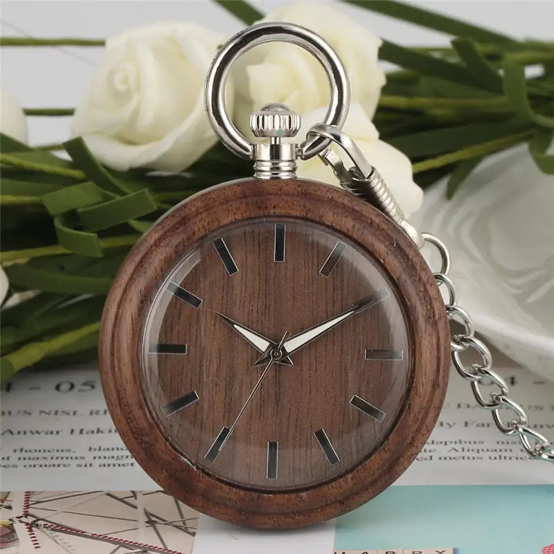 Brown Wooden Fob Watch Natural Walnut Pocket Watch Chain Open Face Pocket Clock 2019 Simple Luminous 3