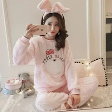 Ночное белье, пижамы с длинными рукавами, женский зимний фланелевый спортивный костюм в Корейском стиле с рисунком панды, бархатный осенне-зимний комплект