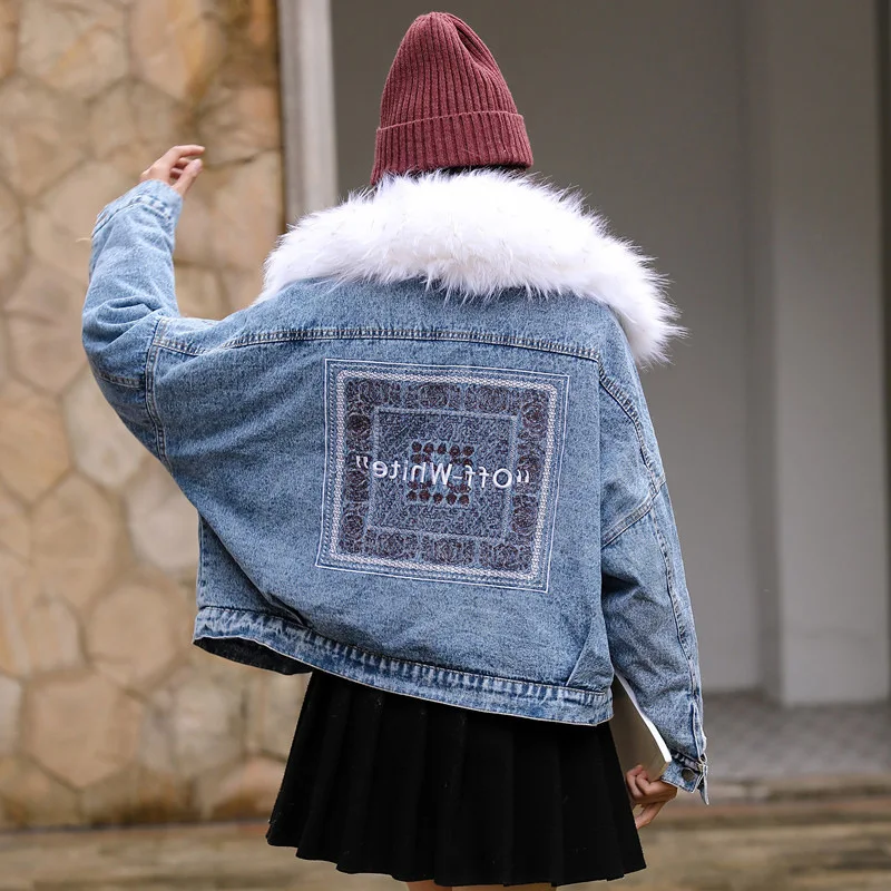 2019 зимняя новая бархатная Толстая джинсовая куртка с большим меховым воротником