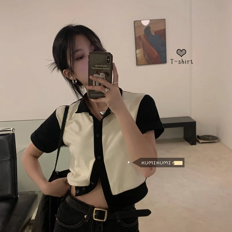 Minority T-shirt Color Contrast Short Sleeve Women's Summer French Loose And Versatile Thin Polo Top |