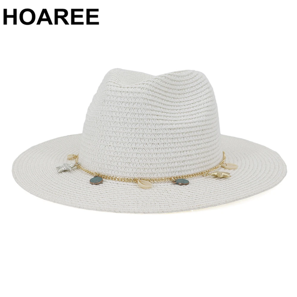 

HOAREE White Panama Hat Women Summer Wide Brim Straw SunHat Ladies HatsTravel Beach British Style Brand New Female Fedora