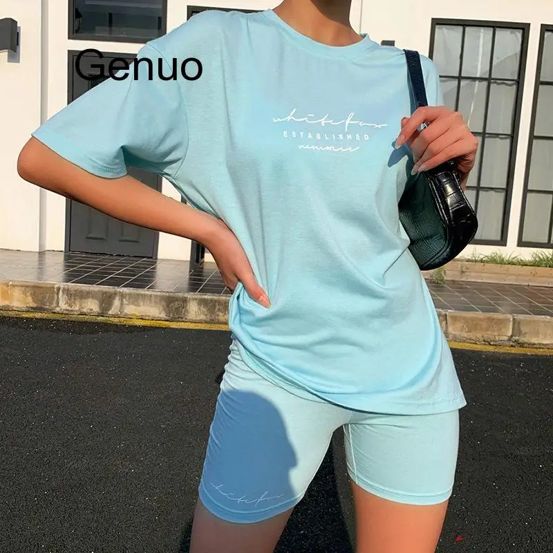 Summer Leisure Sports Two Piece Set  Personalized Letter Printing Suit Solid Color Comfortable Round Neck Women's Suit