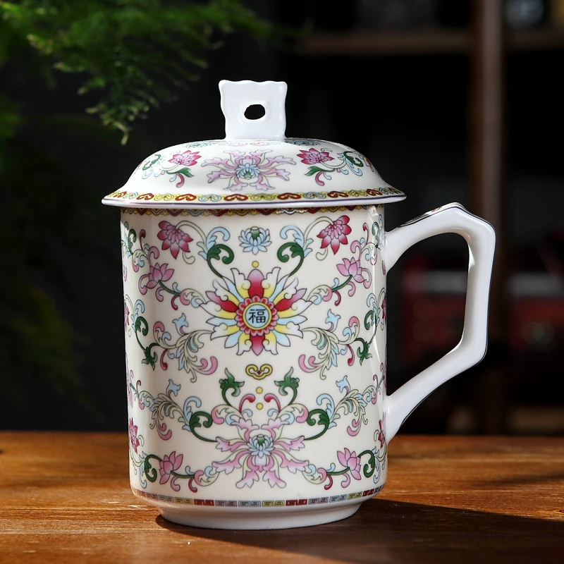 Jingdezhen кофейная кружка 500 мл эмаль костяного фарфора чайные кружки с крышкой набор чашка для кофе мастер чашки для воды керамическая посуда для чая Рождественский подарок - Цвет: A Style