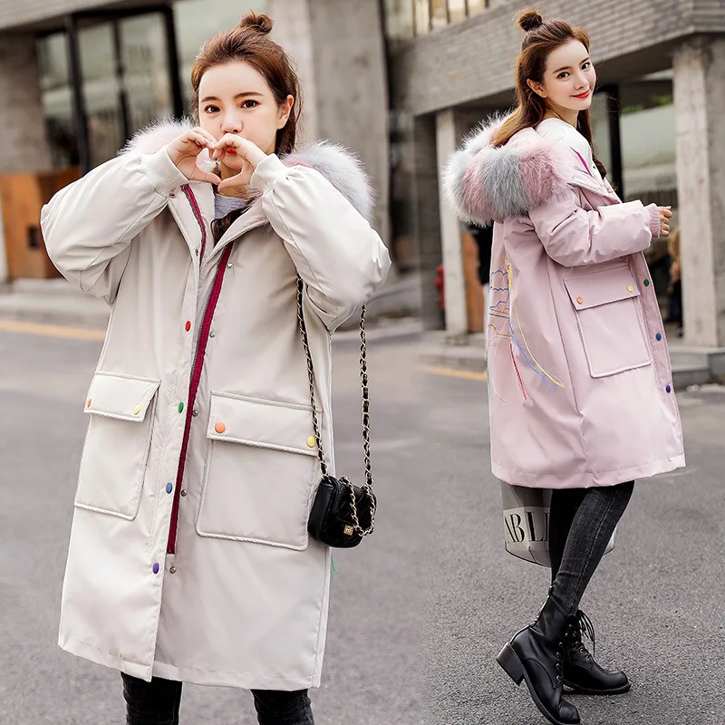 

2019 Winter New Style WOMEN'S Dress Mid-length Cotton-padded Jacket Women's Embroidered Korean-style Cotton-padded Clothes Women