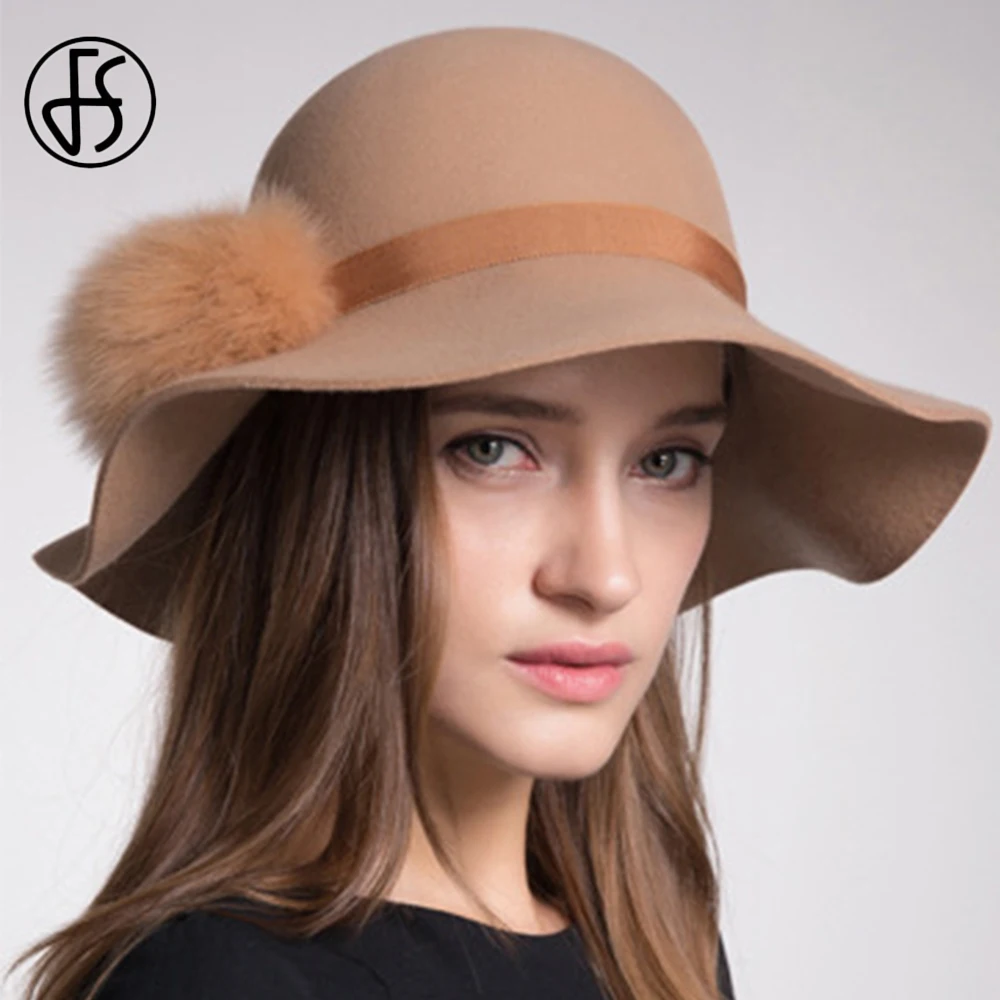 Women Ladies Large Wool Felt Cloche Fedora Floppy Wide Brim Hat Cap Derby 
