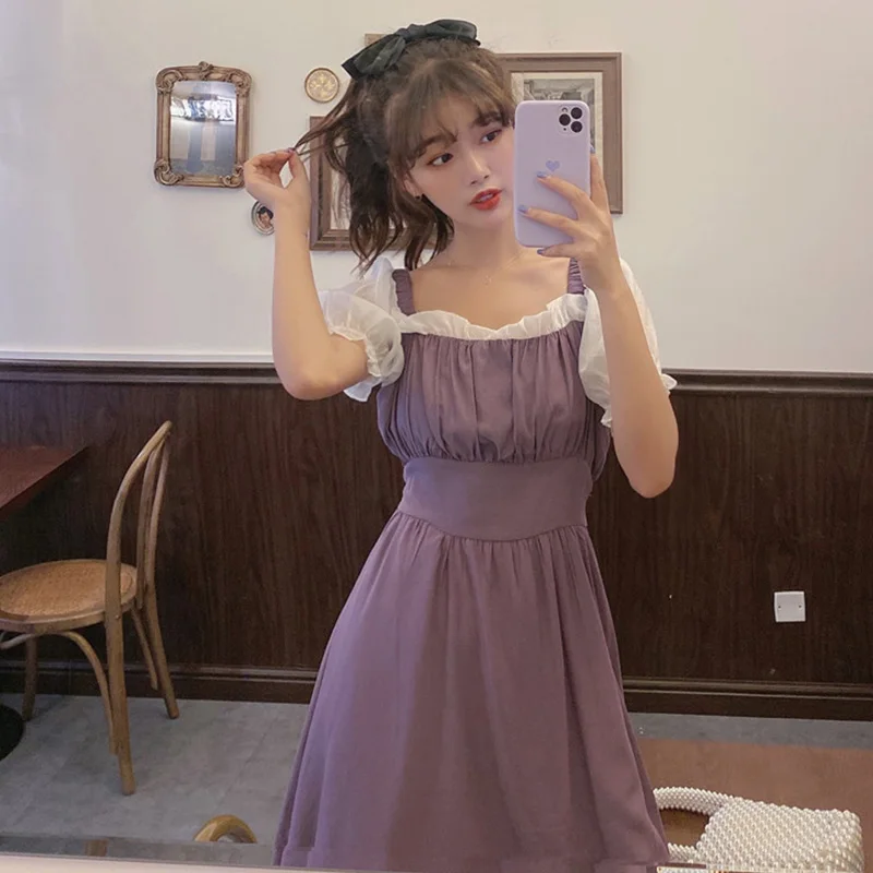

Puff Sleeve Color Matching Slimming Platycodon Grandiflorum Skirt Fashion 2020 Summer New Square Collar sweet lolita dress