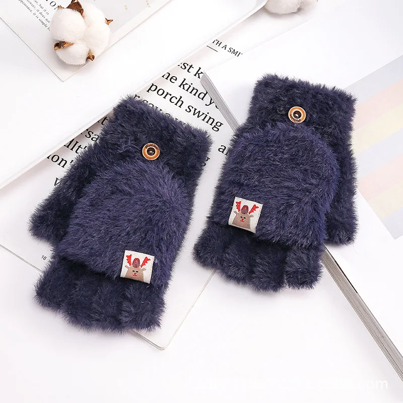 Navy blue Мультяшные женские зимние теплые перчатки с когтями для сенсорного экрана, перчатки без пальцев, вязаные пушистые перчатки С Откидывающейся Крышкой - Цвет: Navy blue