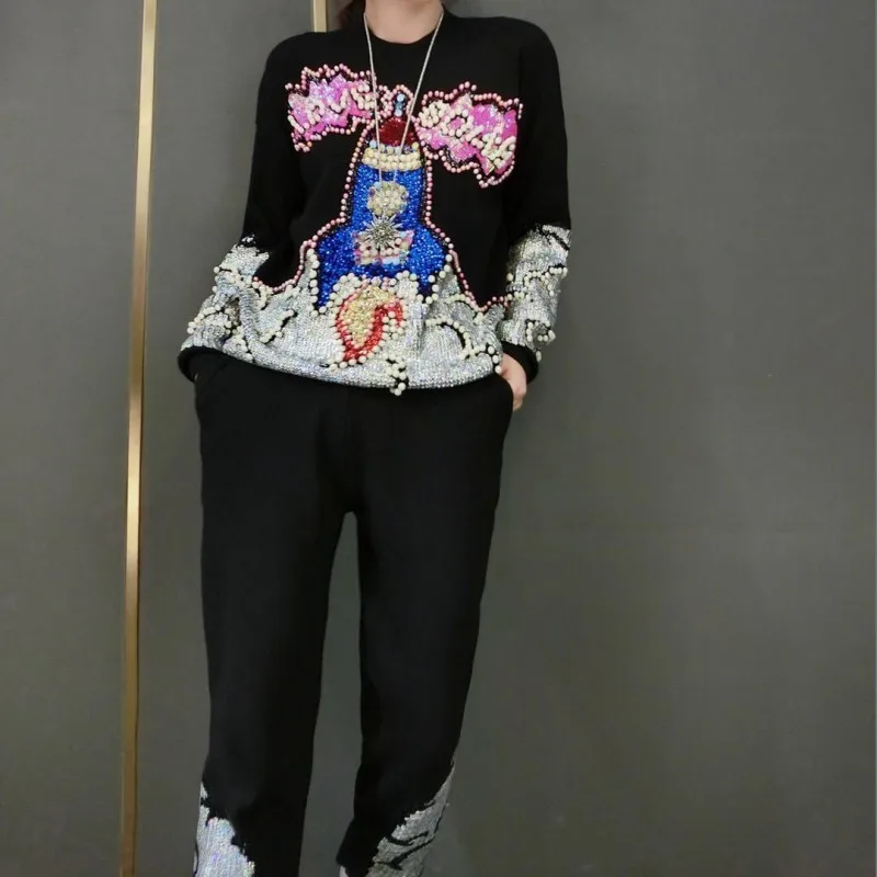 

Autumn Winter Embroidered Flares Sequins Womens Kintting 2Pcs Sets Long Sleeve O-Neck T-Shirts Elastic Waist Full Length Pants