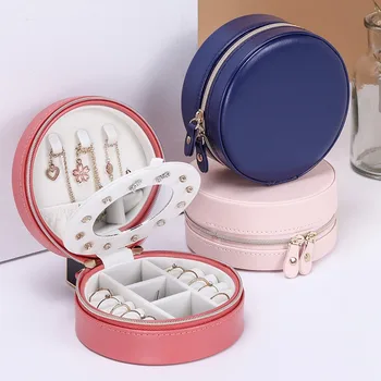 

Lady Portable Round Jewelry Box Travel Zipper Faux Leather Jewellery Display Organizer Earring Necklace Rings Storage Case