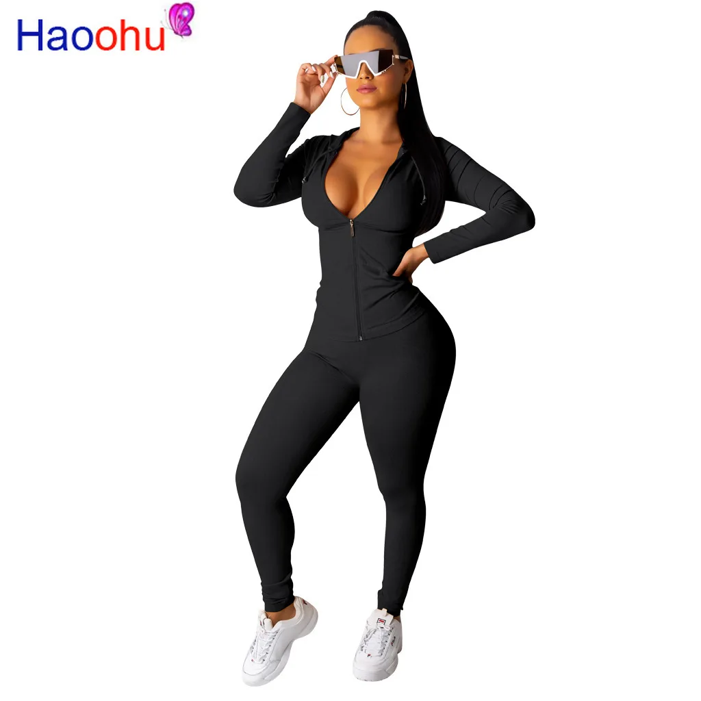 

HAOOHU 2 Pieces Women Set Tracksuit Sportswear Long Sleeves Zipper Top+Pants Sweat Suits Matching Set Casual Two Piece Outfits