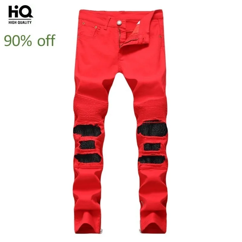 

2020 Autumn New Men Jeans Slim Straight Leg Hole Pleated Jeans Pants Red Black Side Zipper Trousers Male Streetwear Plus Size 38
