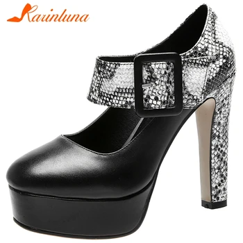 

Karinluna New Design 2020 Genuine Cow Leather Mary Janes Shoes Woman Pumps Female Chunky High Heels Party Pumps Lady Shoes