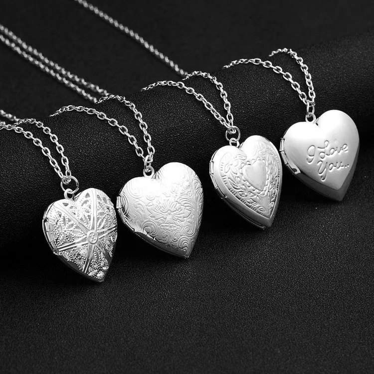 

1Pcs Alloy Silver Color Carved Heart Pendant Necklace Openable Photo Frame Charms Rope Chain For Couples Anniversary Gifts
