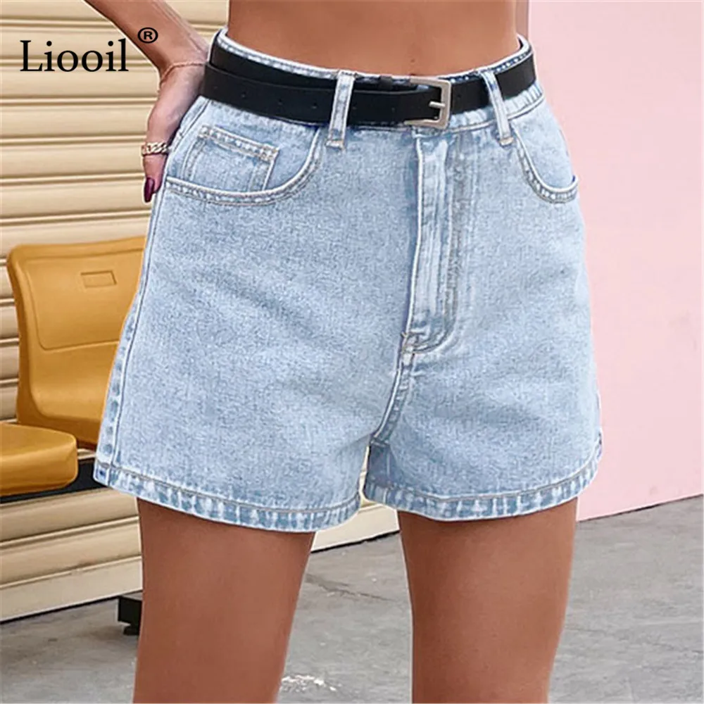 

Liooil Shorts Jeans Woman High Waisted Straight Leg Light Blue Washed Denim Shorts With Pocket Summer 2021 Casual Streetwear