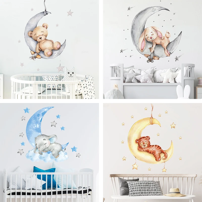 Cartoon Animals Sleeping on The Moon Wall Stickers for Kids Room Bear Elephant Baby Decals Watercolor Home Decor | Дом и сад