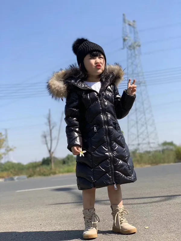 Children's Real Fur Windproof long Jackets girls warm cotton parkas for toddler boy hooded fur collar kids coats