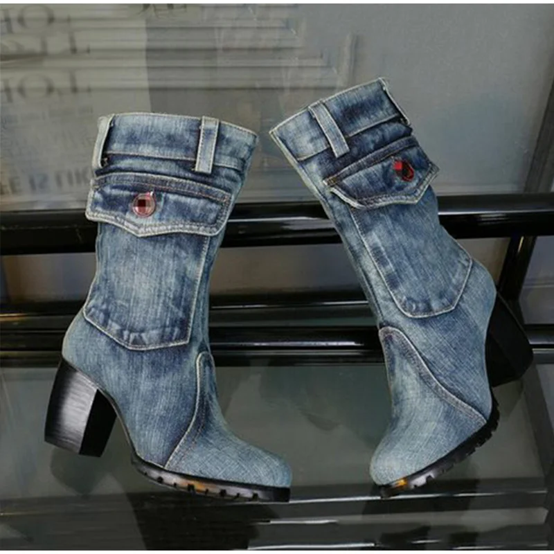 HEE GRAND/женские ботинки до середины икры из джинсовой ткани в стиле ретро; ботинки на толстом каблуке с молнией; женская обувь на высоком каблуке; модная женская обувь; XWX7466