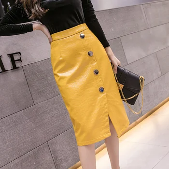 

Korean PU bright leather skirt irregular slit front buttons faux leather skirts womens 2020 autumn winter midi pencil saias jupe