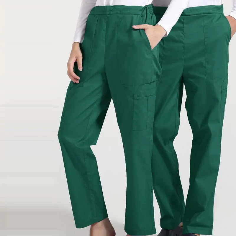 Women Men Scrub Pants Cotton Medical Uniforms Solid Color Trousers with Six Pockets Elastic Waistline and String Straight Pants