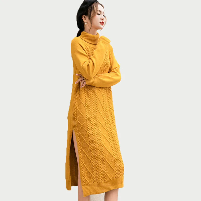 

3XL Plus Size Turtleneck Long Sweater Robe Femme Solid Open Slide Yellow Elegant Warm 2019 Autumn Winter Women Dress Vestidos