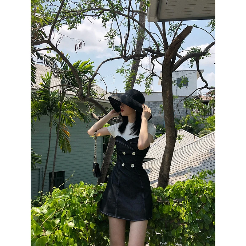

2019 new round neck pullover high waist slimming fake fake two piece stitching denim dress