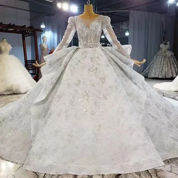 شراءجديد مصمم ثوب زفاف فستان زفاف رمادي بلورات فاخرة منتفخ الكرة ثوب الدانتيل يزين فساتين زفاف يمكن أن تظهر أسلوبين