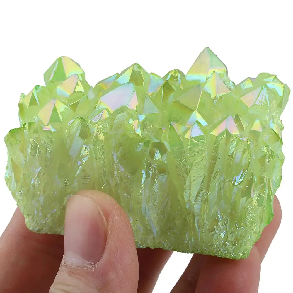 TUMBEELLUWA Lemon Green Angel Aura Titanium Coated Natural Crystal Cluster Stone Specimen Figurine