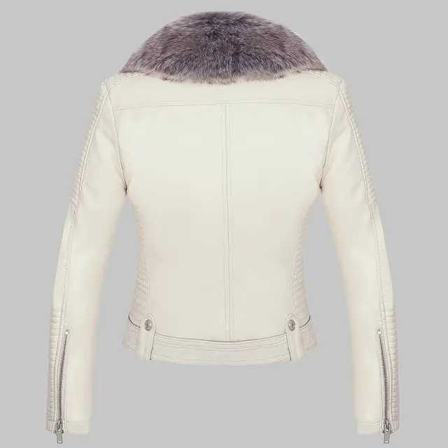 Winter Warm Faux Leather Jackets Moto Biker Women Coats Fur Collar Lady White Black Pink Motorcycle Biker Outerwear