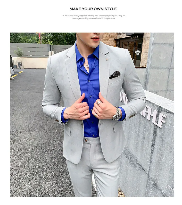 Роскошный комплект из 2 предметов, мужской корейский стиль, Дизайнерский Модный мужской Клетчатый костюм, осенний толстый приталенный клетчатый Свадебный костюм, смокинги