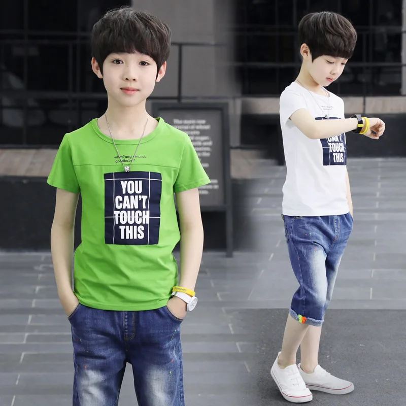 

Children's Sports Suit 2019 New Kids Clothes Active Boys Sets Summer Short Sleeve T Shirts+Jeans Pant 2 Pieces Boys Clothing
