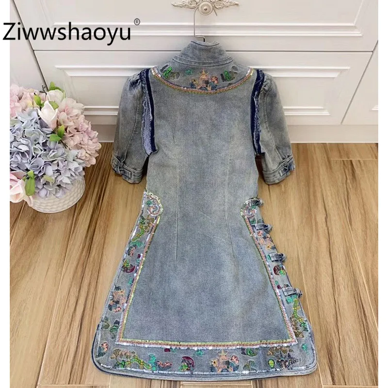 Ziwwshaoyu элегантный цветок вышивка слоеный короткий рукав Cheongsam Мини джинсовые платья Женская одежда высокого качества