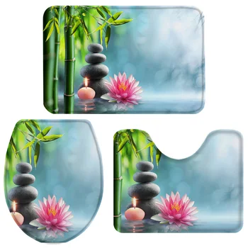

Lotus Bamboo Stones Candle Spa Zen Blue Bath Set Toilet Cover Mat Pedestal Rug Non-Slip Bathroom Rug Set